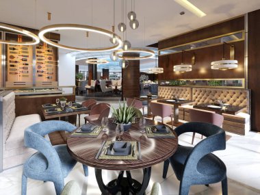 Güzel yeni ve boş lüks restoranda Avrupa tarzı. 3D render