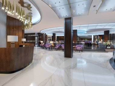 Resepsiyon alanı modern bir otel. 3D render