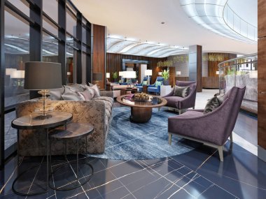 Çağdaş hotel iç dekorasyon, otel lobisinde, geri kalan alan konforlu modern mobilya ile. 3D render