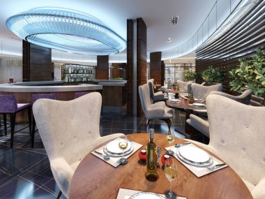 Hizmet bir tablo için üç kişilik modern bar restoran. 3D render.