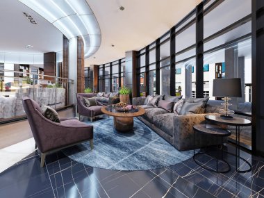 Çağdaş hotel iç dekorasyon, otel lobisinde, geri kalan alan konforlu modern mobilya ile. 3D render