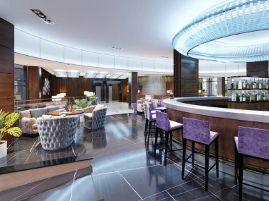 Rahat bar restoran, modern iç. Trendy tarzı, yemek yer ve bar sayaç modern çağdaş tasarım. 3D render