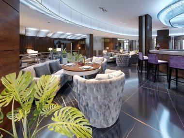 Modern bar restoran zarif mobilya ve aydınlatma ile lüks bir modern tarzda. 3D render