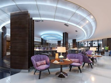 Lobide ile rahat rahat bir kafeterya sandalye ve bir tablo bir lamba ile doldurulmuş. 3D render