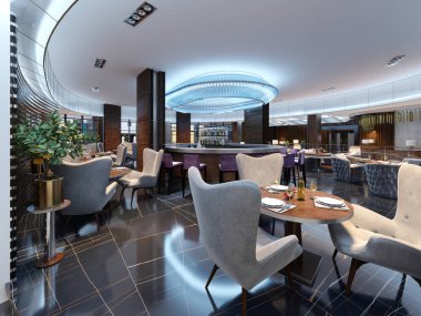 Modern bar restoran zarif mobilya ve aydınlatma ile lüks bir modern tarzda. 3D render