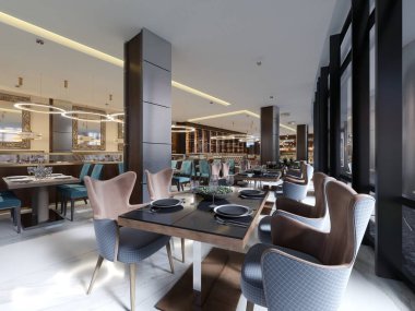 Restoran, rahat modern yemek yer, çağdaş tasarım arka plan rahat lüks iç. 3D render