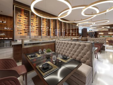 Restoran, rahat modern yemek yer, çağdaş tasarım arka plan rahat lüks iç. 3D render
