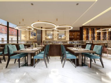 Restoran, rahat modern yemek yer, çağdaş tasarım arka plan rahat lüks iç. 3D render
