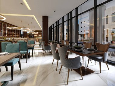 Restoran modern kavramsal iç tasarım çağdaş tarzı klasik öğeleri ile mevcuttur. 3D render.