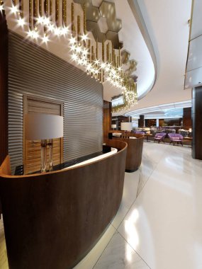 Ahşap Resepsiyon sayaçları ve büyük kolye ile modern bir otel resepsiyon alanında avizeler yaldızlı. 3D render