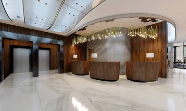 Ahşap Resepsiyon sayaçları ve büyük kolye ile modern bir otel resepsiyon alanında avizeler yaldızlı. 3D render