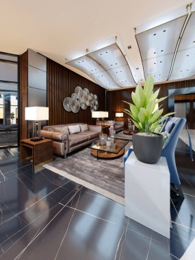 Lüks salon deri kanepe ve kumaş koltuk ile otelin giriş. Tasarımcı beyaz dolapları bir saksıyı ve dekor ile duvarlarında Ahşap dekoratif plakalar ile. 3D render