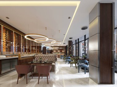 Lüks restoranda enfes modern mobilya ile çağdaş bir tarzda ve gizli aydınlatma ile tasarımcı listroy. Restoran iç tasarım markası. 3D render.