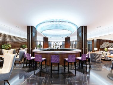 Lüks bar mor bar tabureleri ve beyaz mermer tezgah ile ayarla. Neon ışıkları ile büyük mavi avize. Modern iç mekan tasarımları Bar. 3D render.