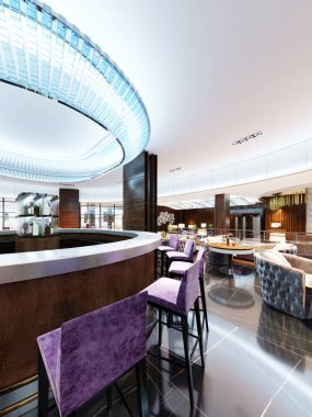 Rahat bar restoran, modern iç. Trendy tarzı, yemek yer ve bar sayaç modern çağdaş tasarım. 3D render