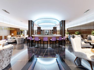 Lüks bar mor bar tabureleri ve beyaz mermer tezgah ile ayarla. Neon ışıkları ile büyük mavi avize. Modern iç mekan tasarımları Bar. 3D render.