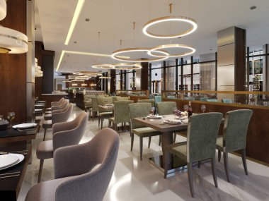 Lüks restoranda enfes modern mobilya ile çağdaş bir tarzda ve gizli aydınlatma ile tasarımcı listroy. Restoran iç tasarım markası. 3D render.