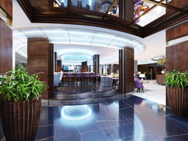 Bar girişinde bir lüks otelin modern bir tarzda bir lokanta var. 3D render