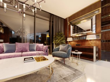 Mor bir kanepe ile otel lobisinde akşam iki koltuk, mermer Dergisi tablo ve başucundaki ayna mavi. Modern iç mekan tasarımları, 3d render