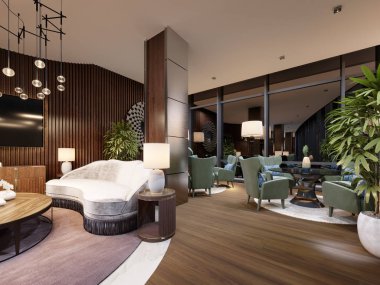 Modern stil, şık tasarım mobilya, Masa ve yumuşak koltuklar ile otelin lounge alanı. 3D render