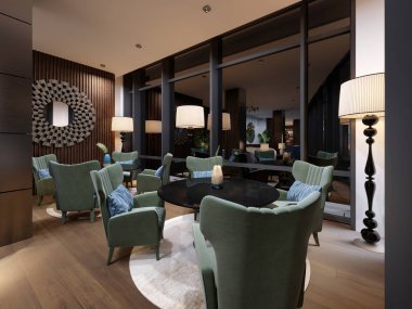 Modern stil, şık tasarım mobilya, Masa ve yumuşak koltuklar ile otelin lounge alanı. 3D render