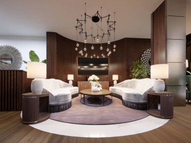 Çok lüks oturma alanı, modern bir otel. Beyaz tasarımcı kanepe ile kaburgalar bir Tv. yan masa lambası ve büyük bir avize duvar üzerinde. 3D render