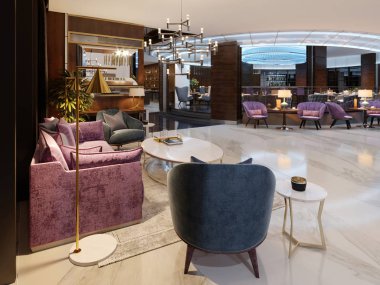 Modern otel antre ve merkezi neon aydınlatma ile lüks bir restoranda. 3D render