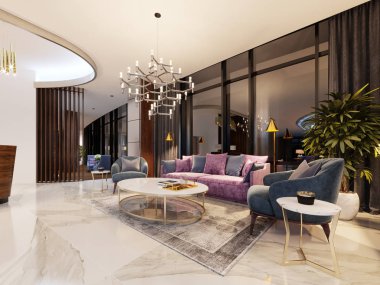 Lüks rahat bir kanepe ve tasarımcı koltuklar ile modern bir otel lobisinde. 3D render