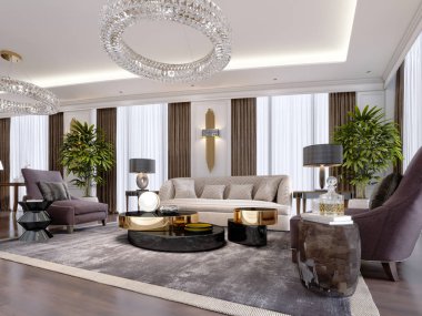 Tasarım tasarım mobilyaları ve büyük perdeler ile modern tarzda lüks daire. 3D render.