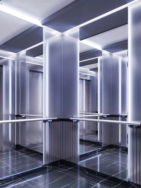 Futuristic design of an elevator cabin with mirrors with neon illumination and metal panels. Modern elevator design. Reflection to infinity. 3d rendering