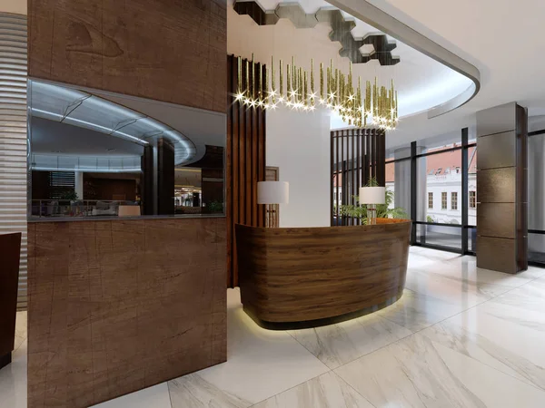 Reception desk with lobby entrance and lounge area. 3D Rendering