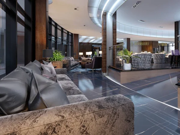 Luxury lobby entrance with lounge area in hotel. 3D Rendering