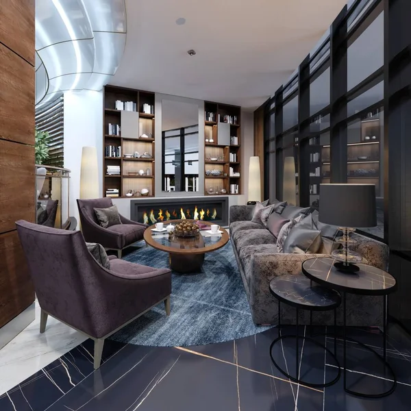 Otel lobi dinlenme alanı şömine ve yarı-kitap ile. 3D render