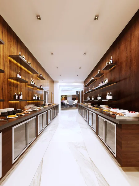 Buffet Modernes Restaurant Zeitgenössischen Stil Kühlschränke Und Dekorative Regale Mit — Stockfoto