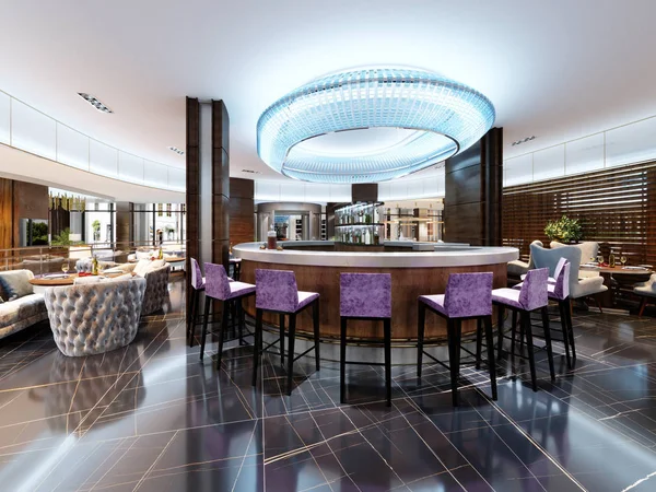 Luxurious bar set with purple bar stools and white marble worktop. Large blue chandelier with neon lights. Modern interior design of the bar. 3d rendering.