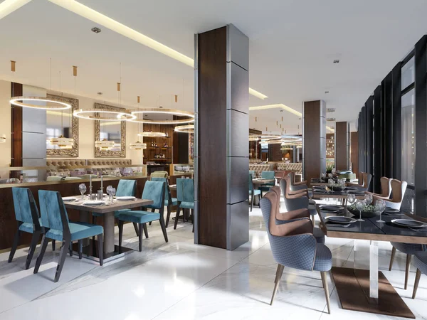 Luxury restaurant in contemporary style with exquisite modern furniture and designer listroy with hidden lighting. Brand interior design of the restaurant. 3d rendering.