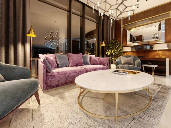 Evening lobby in the hotel, with a purple sofa, two blue armchair, a marble magazine table and a bedside table with a mirror. Modern interior design, 3d rendering