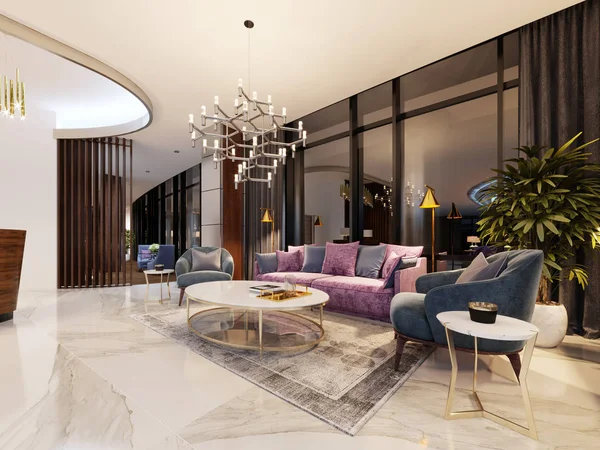 Luxurious Lobby Modern Hotel Comfortable Sofa Designer Armchairs Rendering — Stock Photo, Image