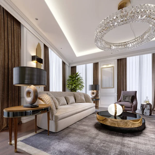 现代风格的豪华公寓设计 配有名牌家具和大窗帘 — 图库照片