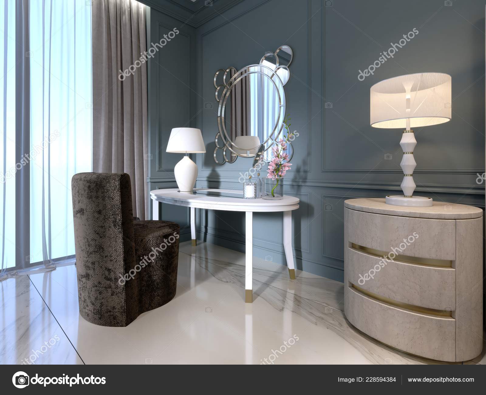 Classic White Dressing Table Mirror Soft Chair Bedroom Rendering