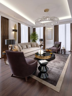 Tasarım tasarım mobilyaları ve büyük perdeler ile modern tarzda lüks daire. 3D render.
