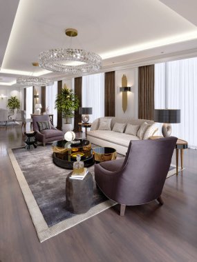 Lüks dairelerde otel ile bir oturma odası ve yemek odası, koltuk, yatak, Tv Standı, yemek masası, klasik iç beyaz duvarlı. 3D render