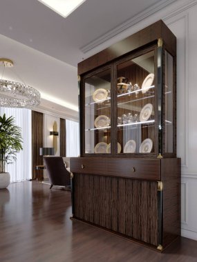 Cam dolap rafları ve aydınlatma oturma odasında modern bir klasik tarzda yemekleri ile. 3D render.