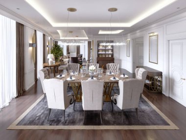 Lüks yemek odası büyük ve yumuşak sandalyeler klasik bir daire içinde. 3D render.