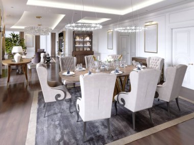 Lüks dairelerde otel ile bir oturma odası ve yemek odası, koltuk, yatak, Tv Standı, yemek masası, klasik iç beyaz duvarlı. 3D render