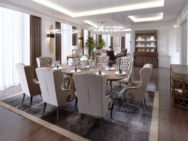 Modern, klasik tarzı otel oda bir salon ve yemek alanı ve tasarımcı mobilya ile. 3D render