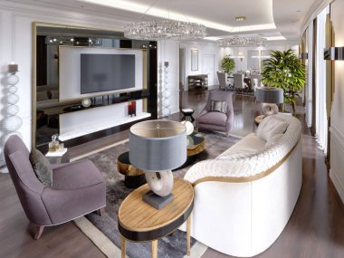 Lüks dairelerde otel ile bir oturma odası ve yemek odası, koltuk, yatak, Tv Standı, yemek masası, klasik iç beyaz duvarlı. 3D render