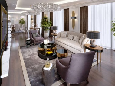 Lüks dairelerde otel ile bir oturma odası ve yemek odası, koltuk, yatak, Tv Standı, yemek masası, klasik iç beyaz duvarlı. 3D render