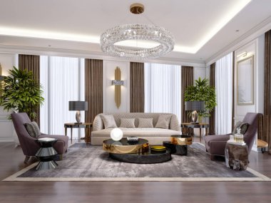 Tasarım tasarım mobilyaları ve büyük perdeler ile modern tarzda lüks daire. 3D render.
