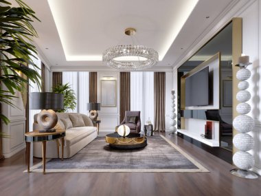 Kanepe, koltuk, mobilya tasarımcısı ile modern tarzda lüks oturma odası, Tv Standı, kristal bir avize sarkacak yuvarlak büyük dekoratif mum. 3D render.